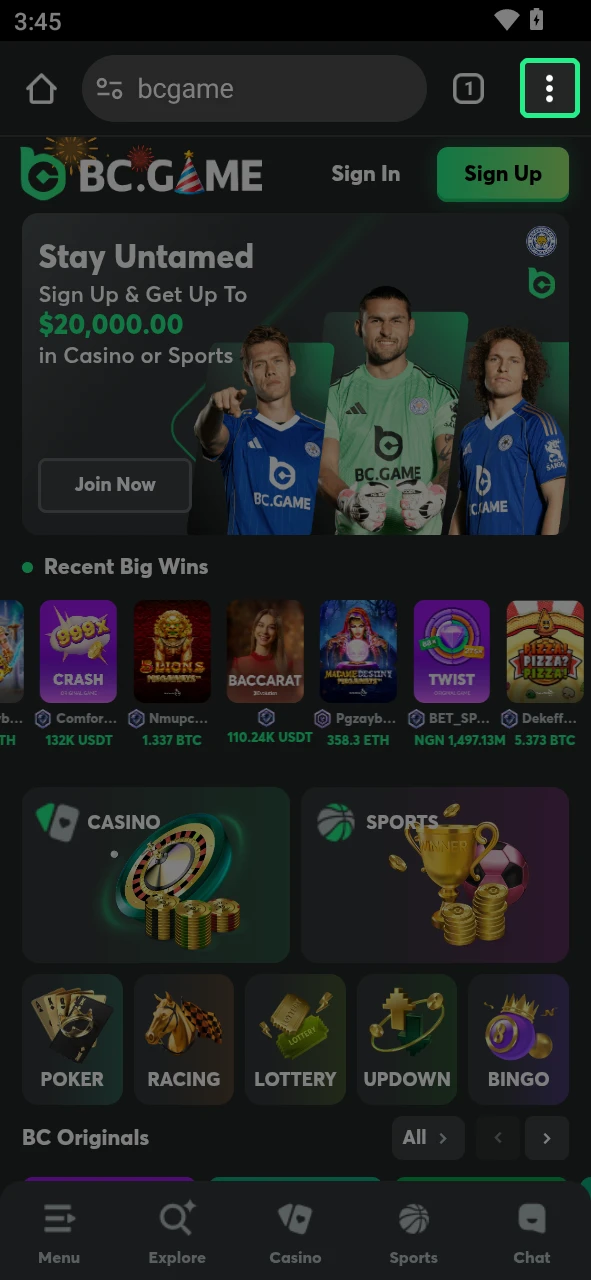 Tap the menu button in the browser to continue your BC Game Android installation.