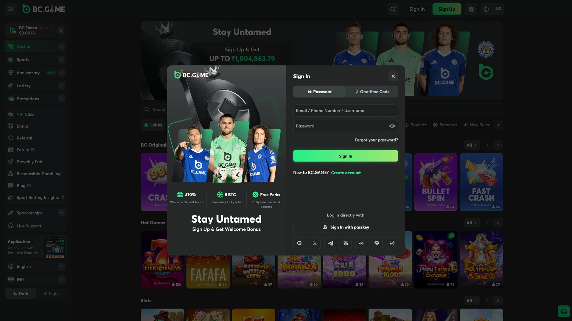 Log in to your BC Game account via the PC version and start playing games.