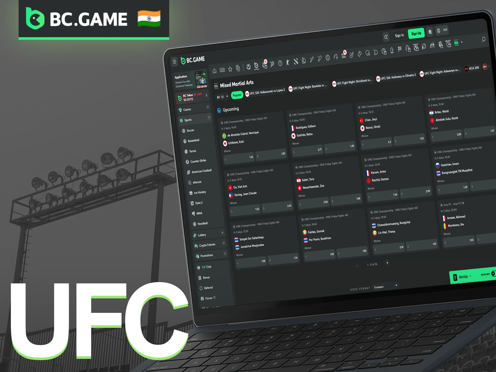 Experience the intensity of UFC betting at BC Game in India.
