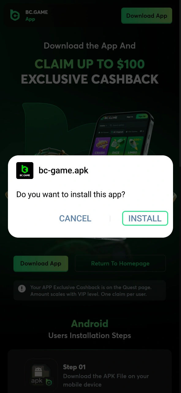 Install the BC Game app and log in to your account.