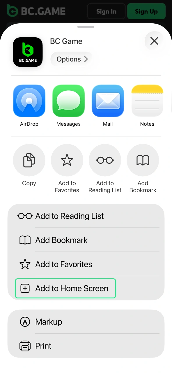 Select Add to Home Screen for quick access to the BC Game app.