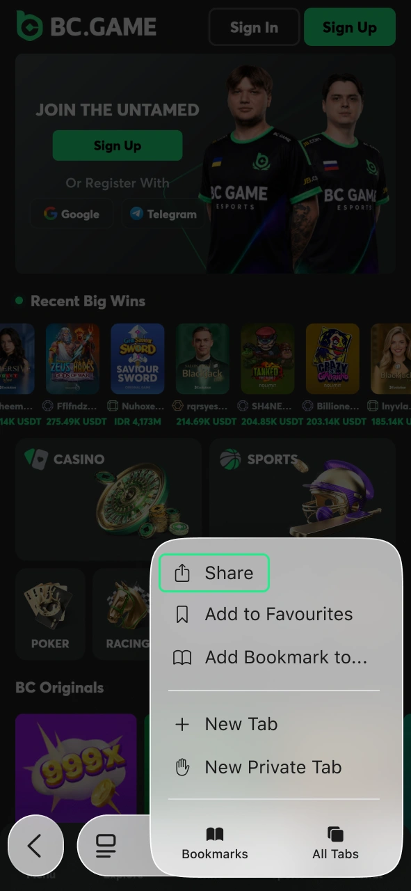 Tap the share button to begin adding the BC Game app.