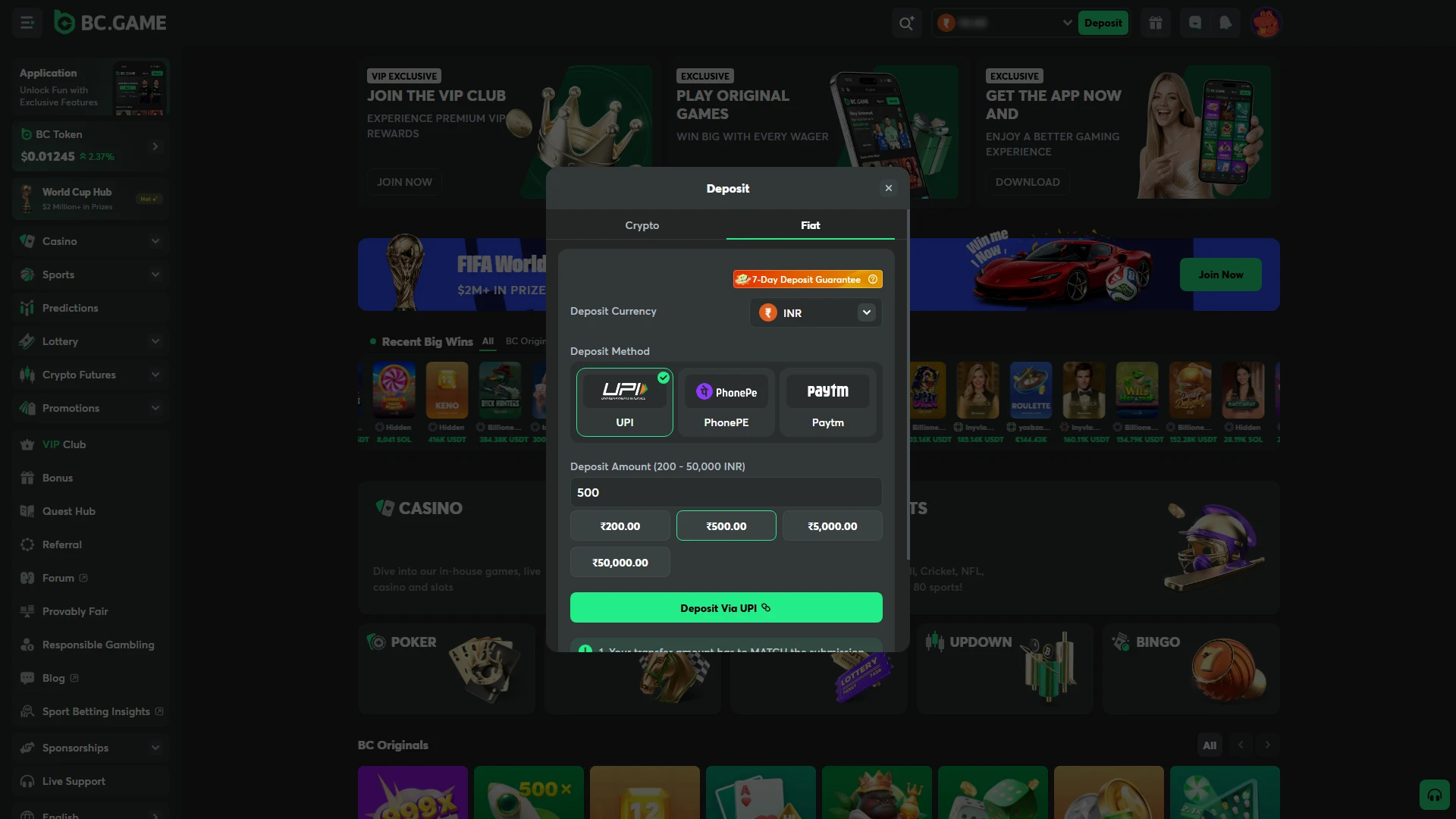 Make a deposit into your BC Game account before placing wagers.