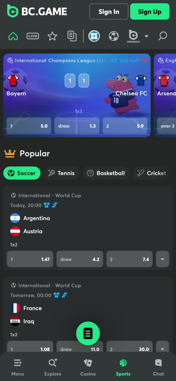 Access sports betting markets through the BC Game betting app.