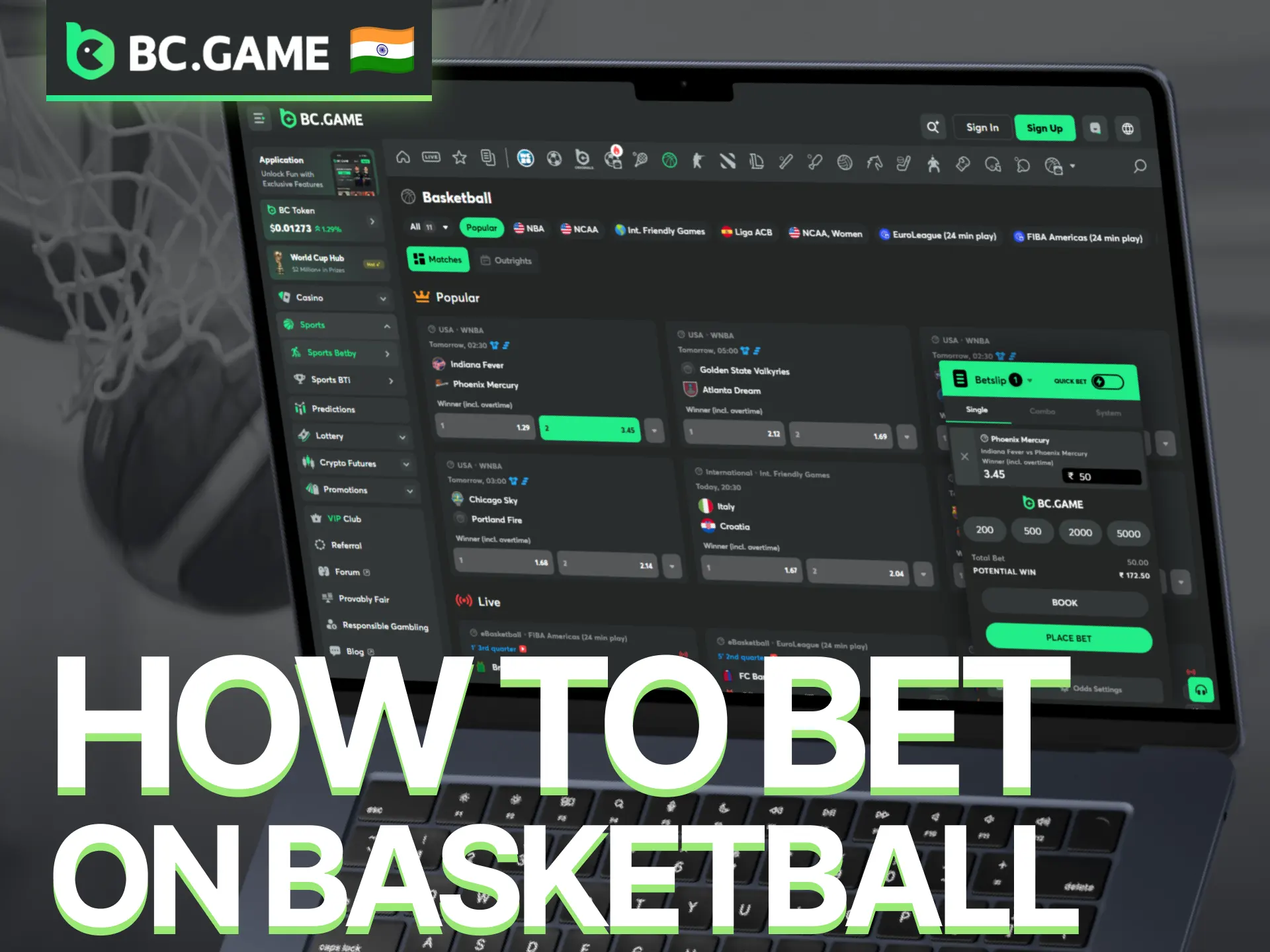 Learn how to place basketball bets through the BC Game sportsbook.