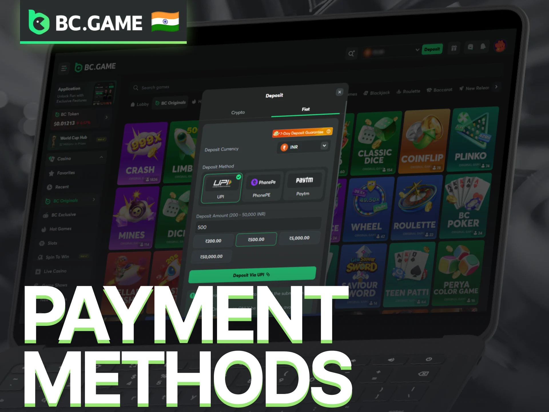 Use supported payment methods on BC Game for BC Originals deposits and withdrawals.