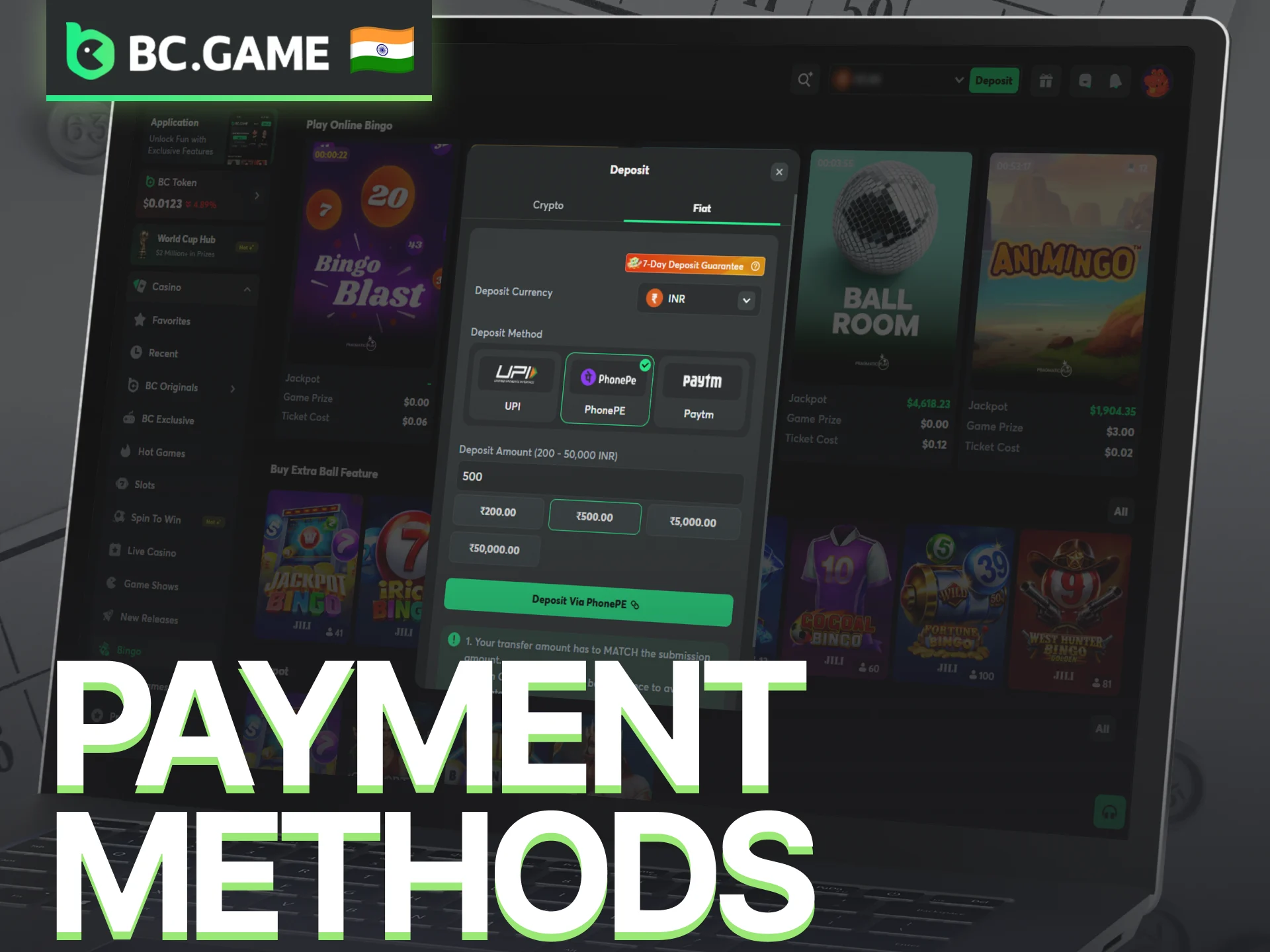 Use supported payment methods on BC Game for bingo deposits and withdrawals.