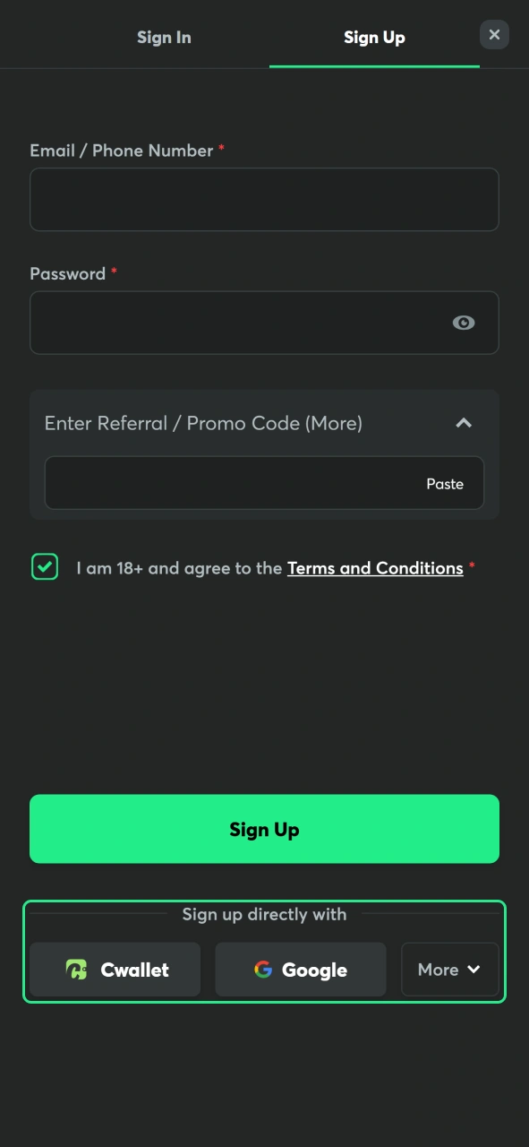 Register through social media or connected services on BC Game.