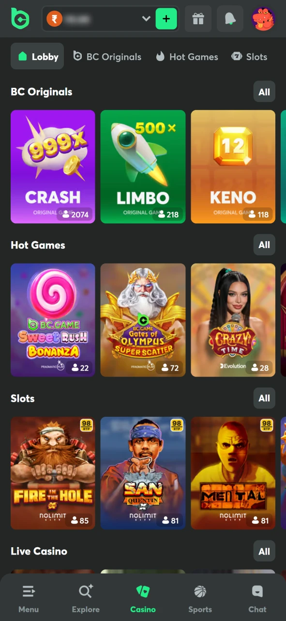 Browse the BC Game casino lobby to explore available titles.
