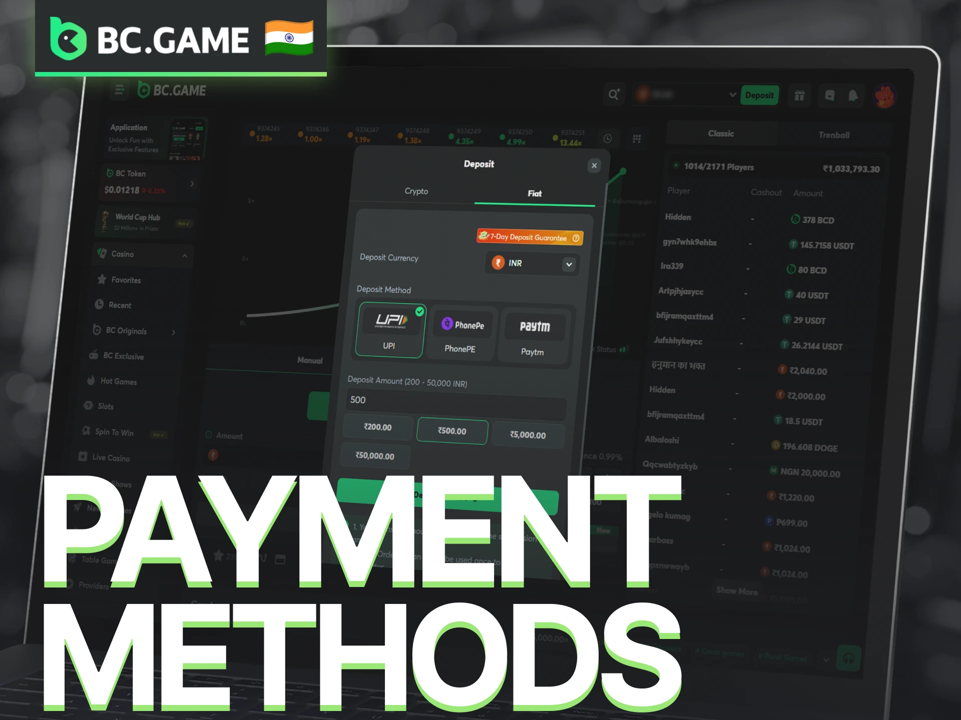 Use supported payment methods on BC Game for crash game deposits and withdrawals.