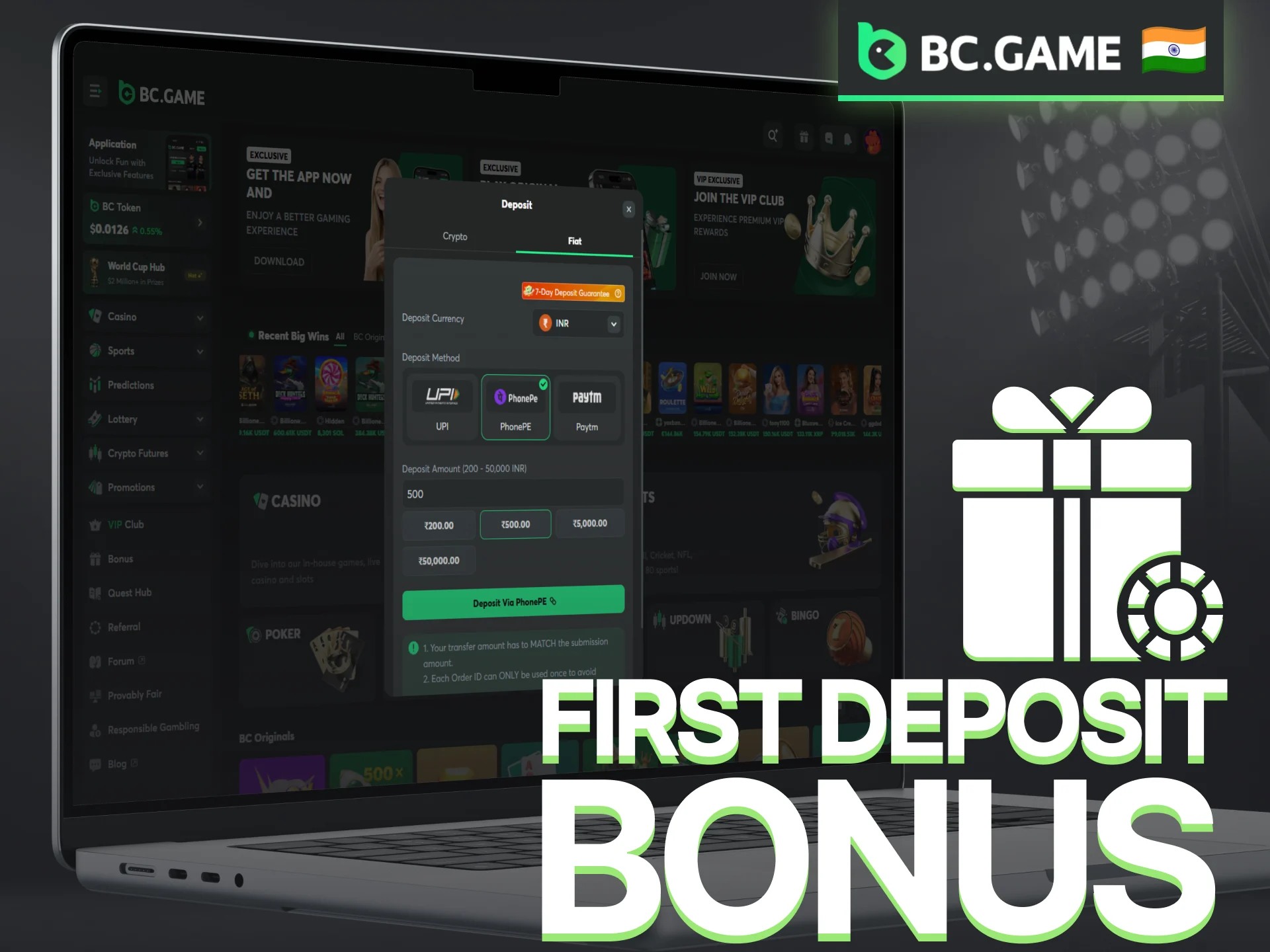 Claim the BC Game first deposit bonus after meeting the required conditions.