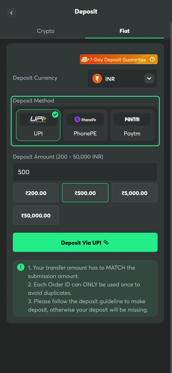 Choose a payment method supported by BC Game for your deposit.