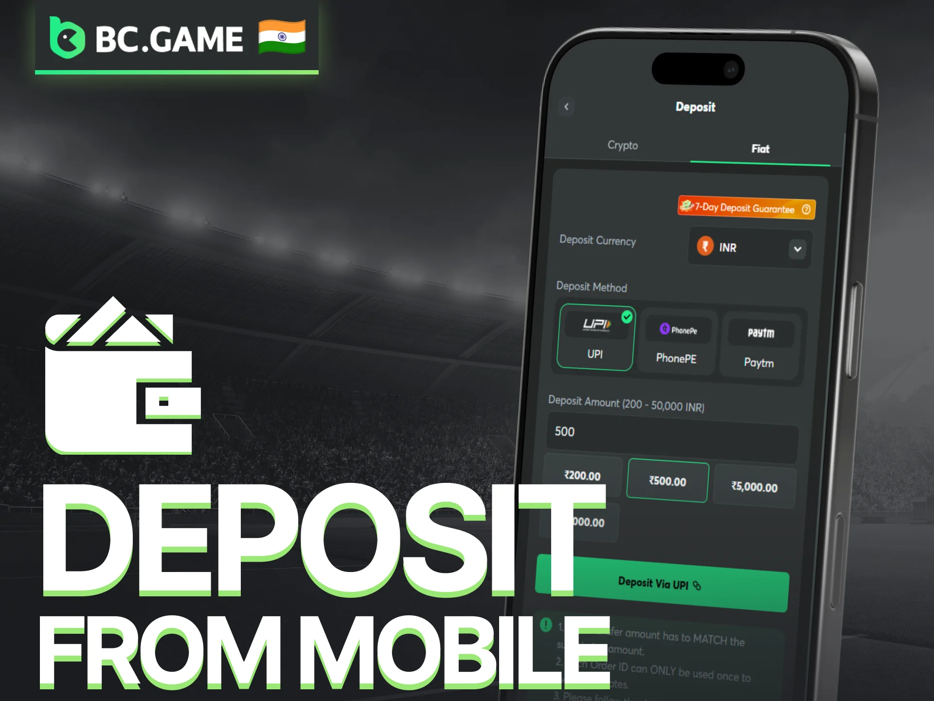 Top up your BC Game account from a mobile device with ease.