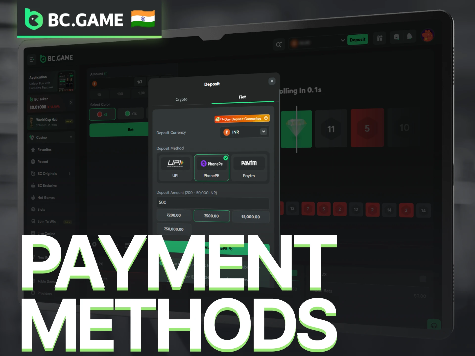 Use supported payment methods on BC Game for Double deposits and withdrawals.