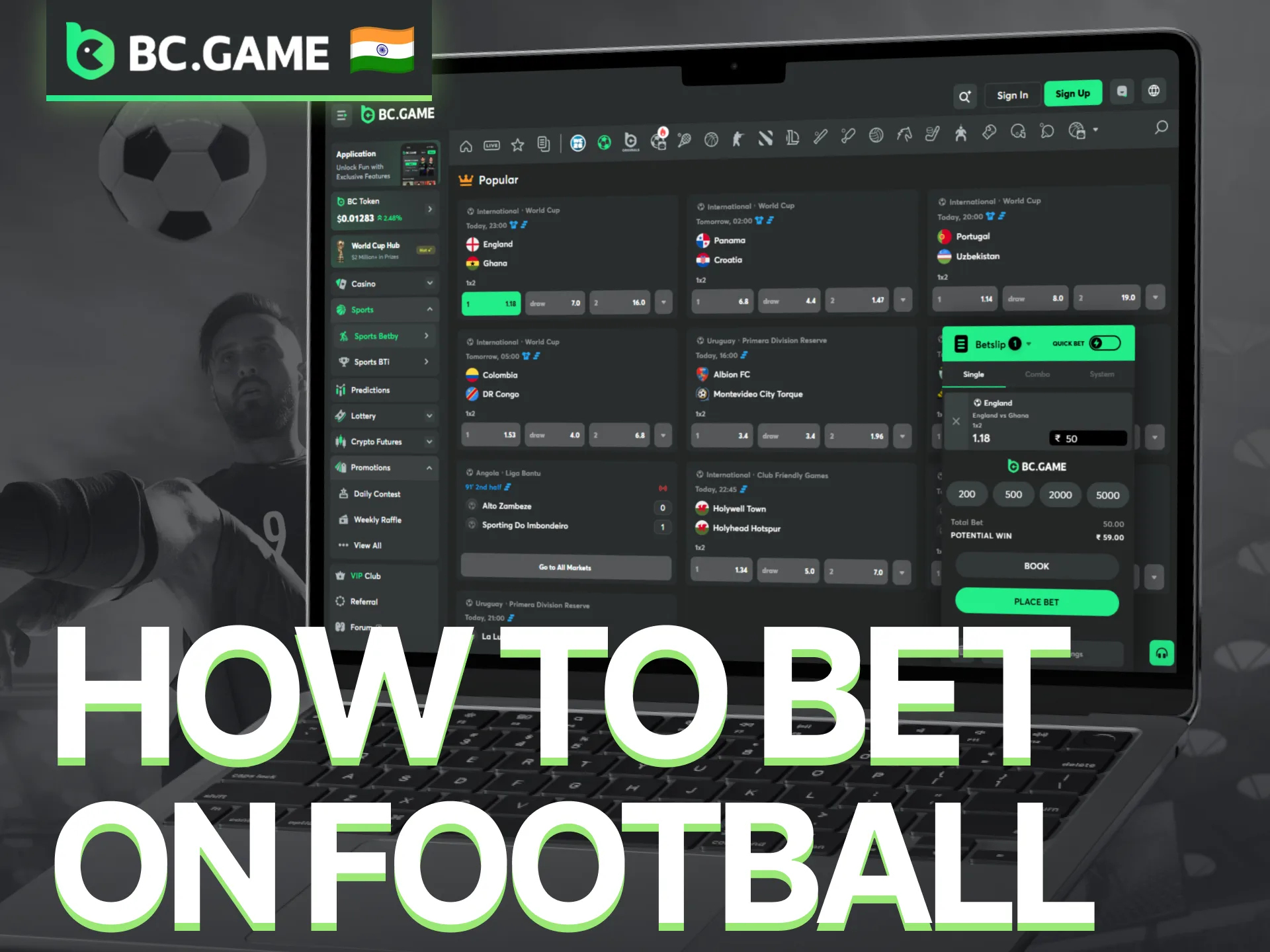 Learn how to place football bets through the BC Game sportsbook.