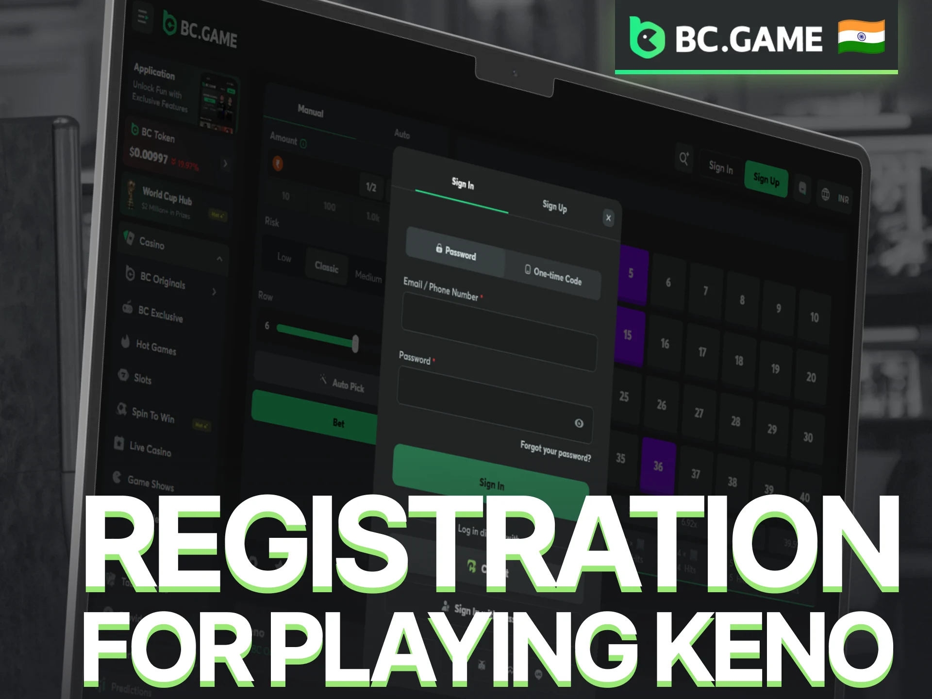 Complete BC Game registration to access the Keno game.