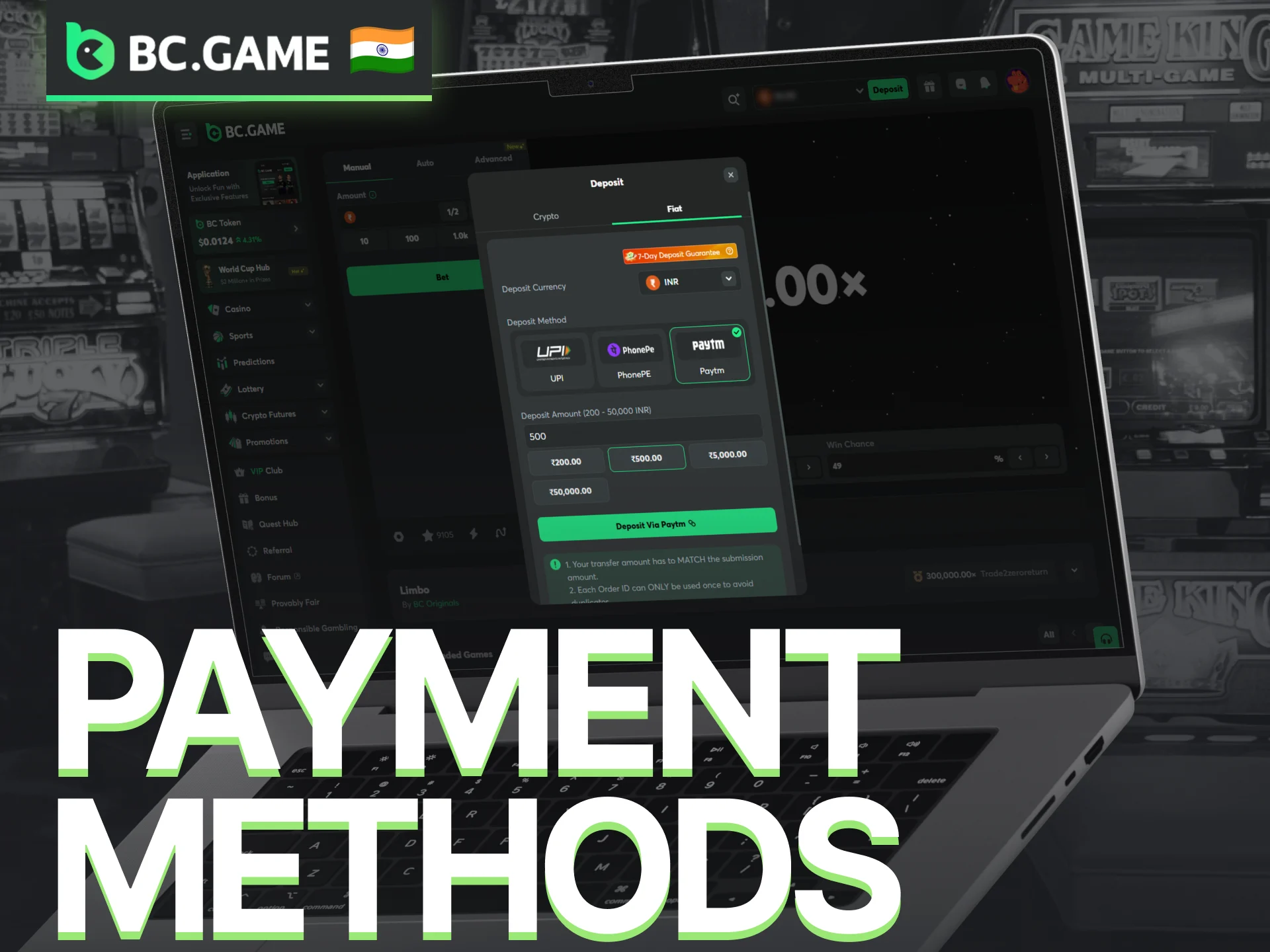 Use supported payment methods on BC Game for Limbo deposits and withdrawals.