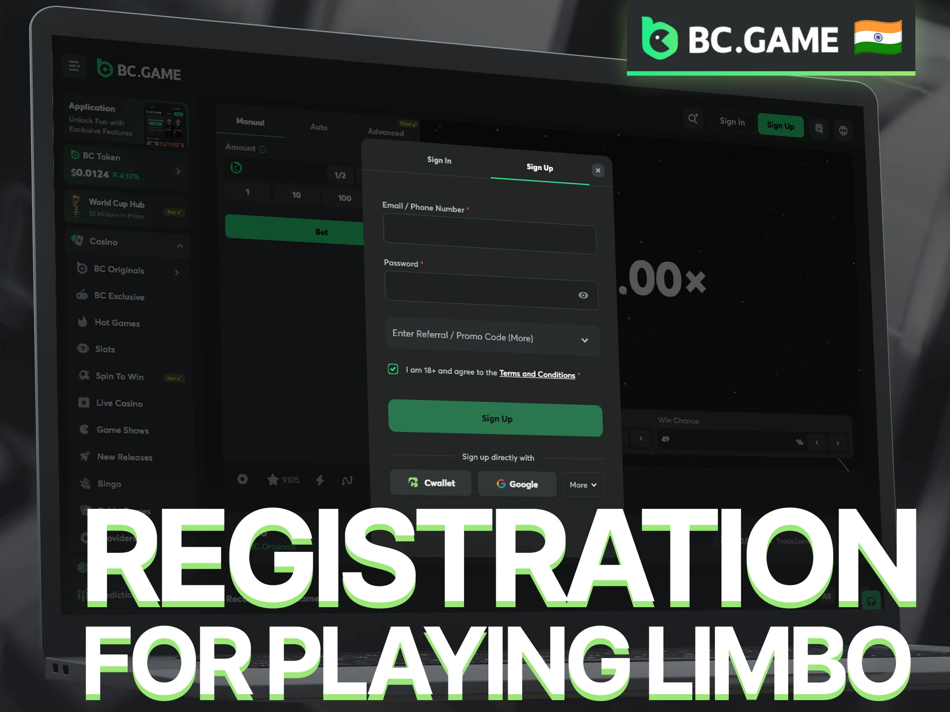 Complete BC Game registration to access the Limbo game.