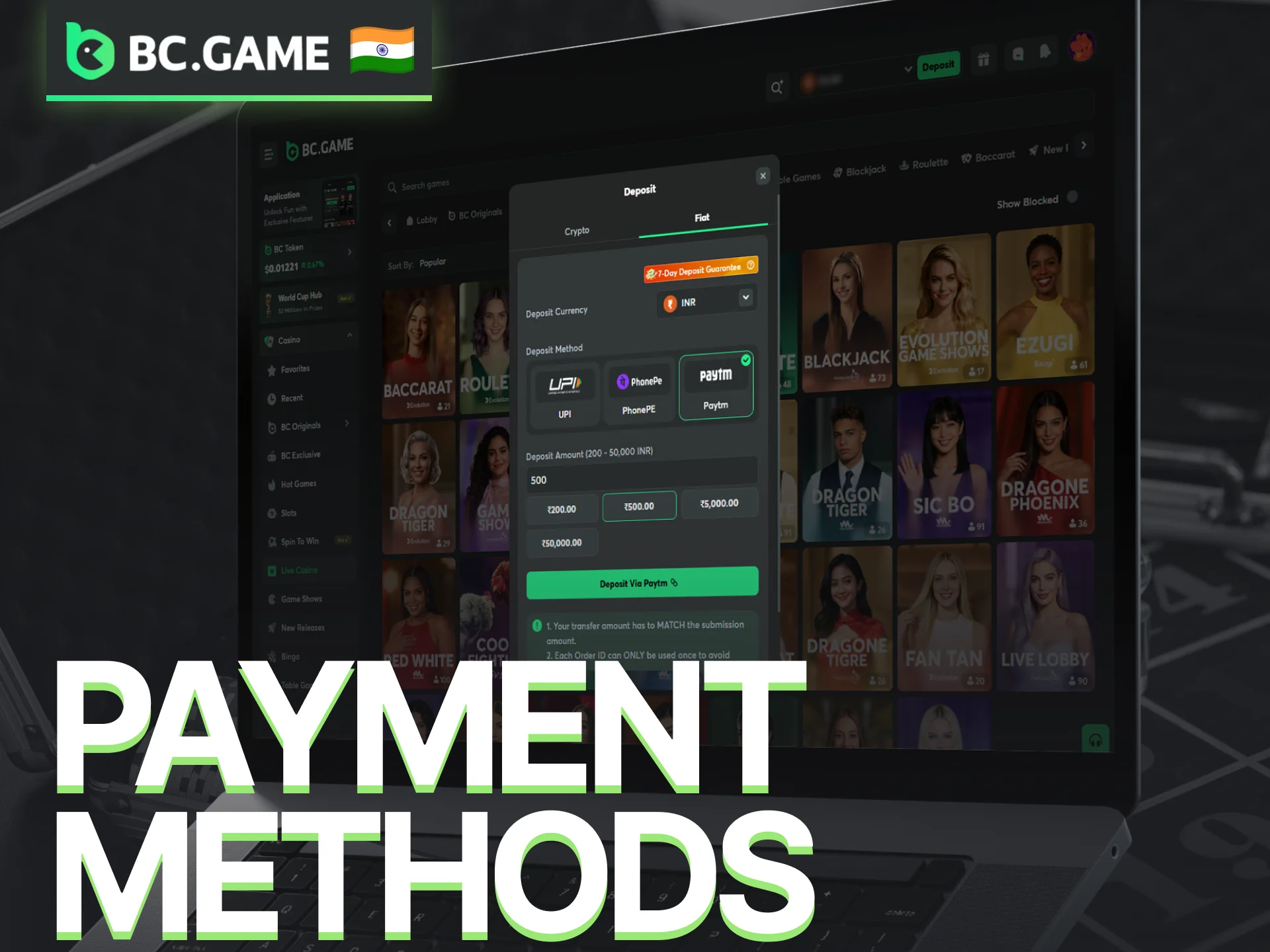 Use supported payment methods on BC Game for live casino transactions.