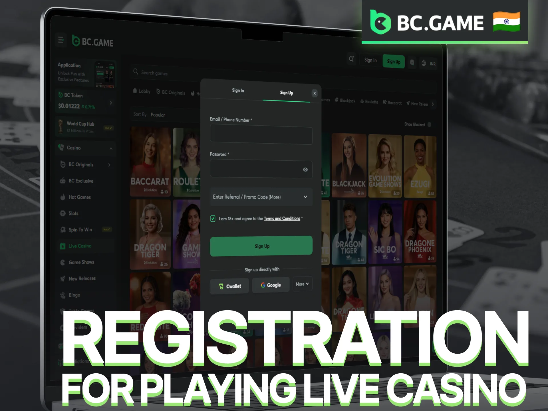 Complete BC Game registration to access the live casino section.