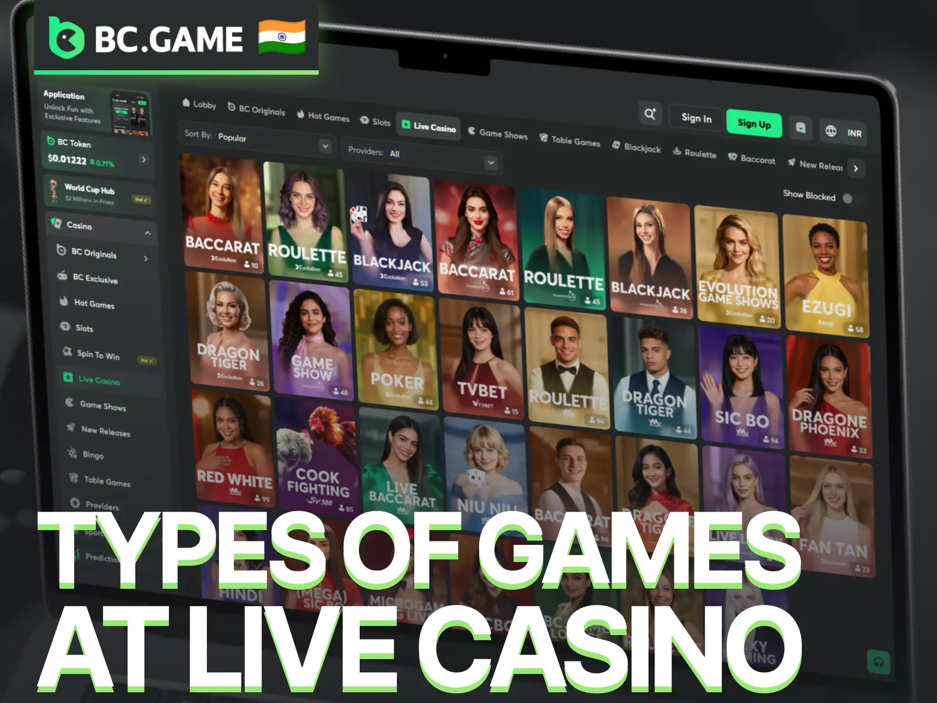 Explore different categories of live dealer games available on BC Game.