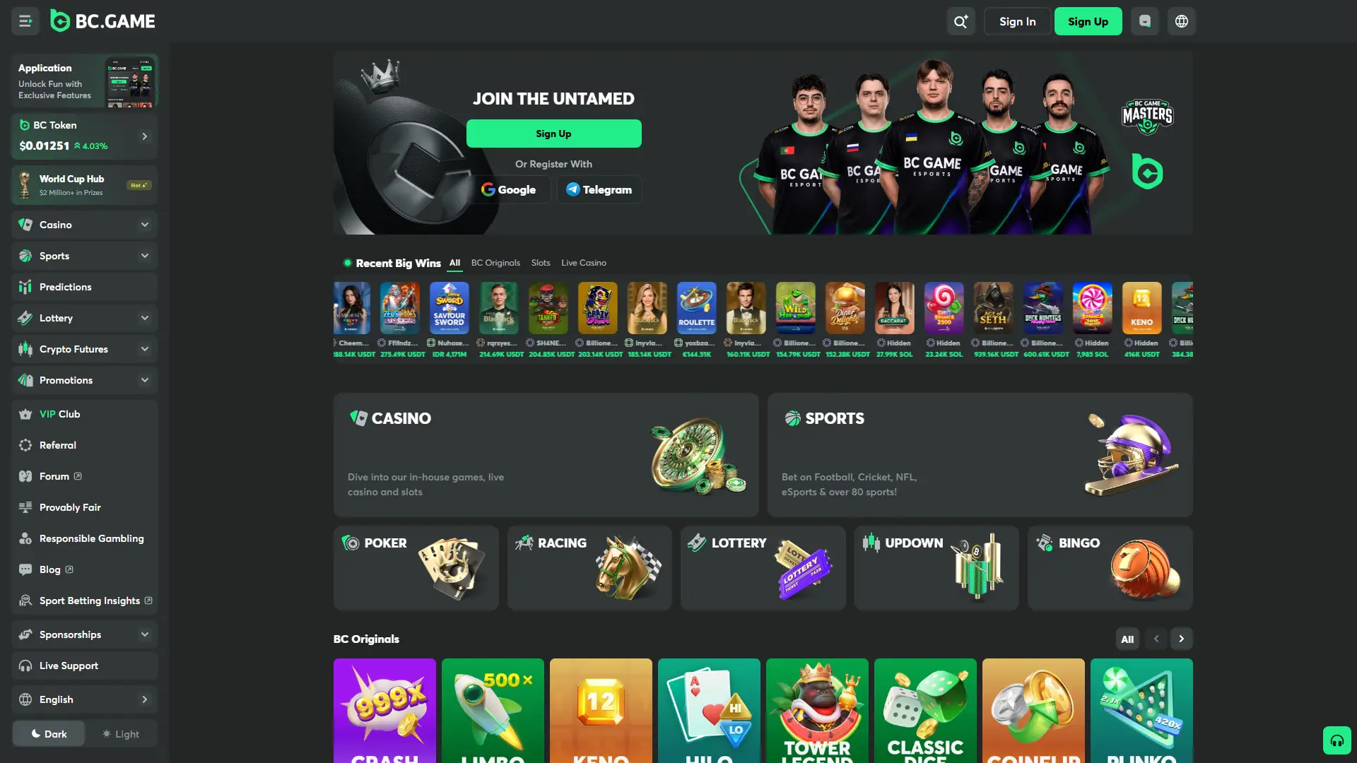Browse the BC Game main page to access betting and gaming sections.