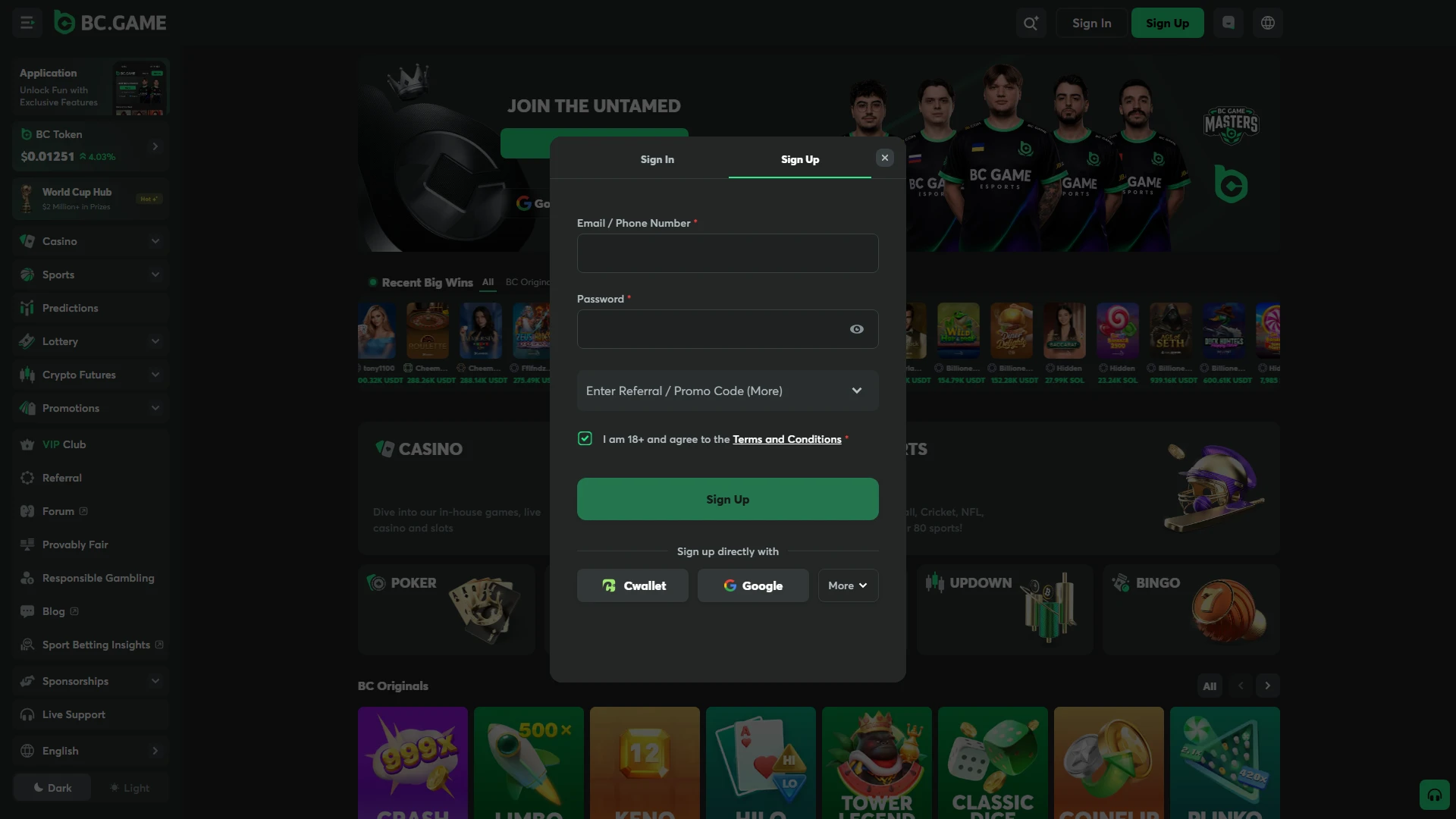 Create a BC Game account through the registration section of the platform.
