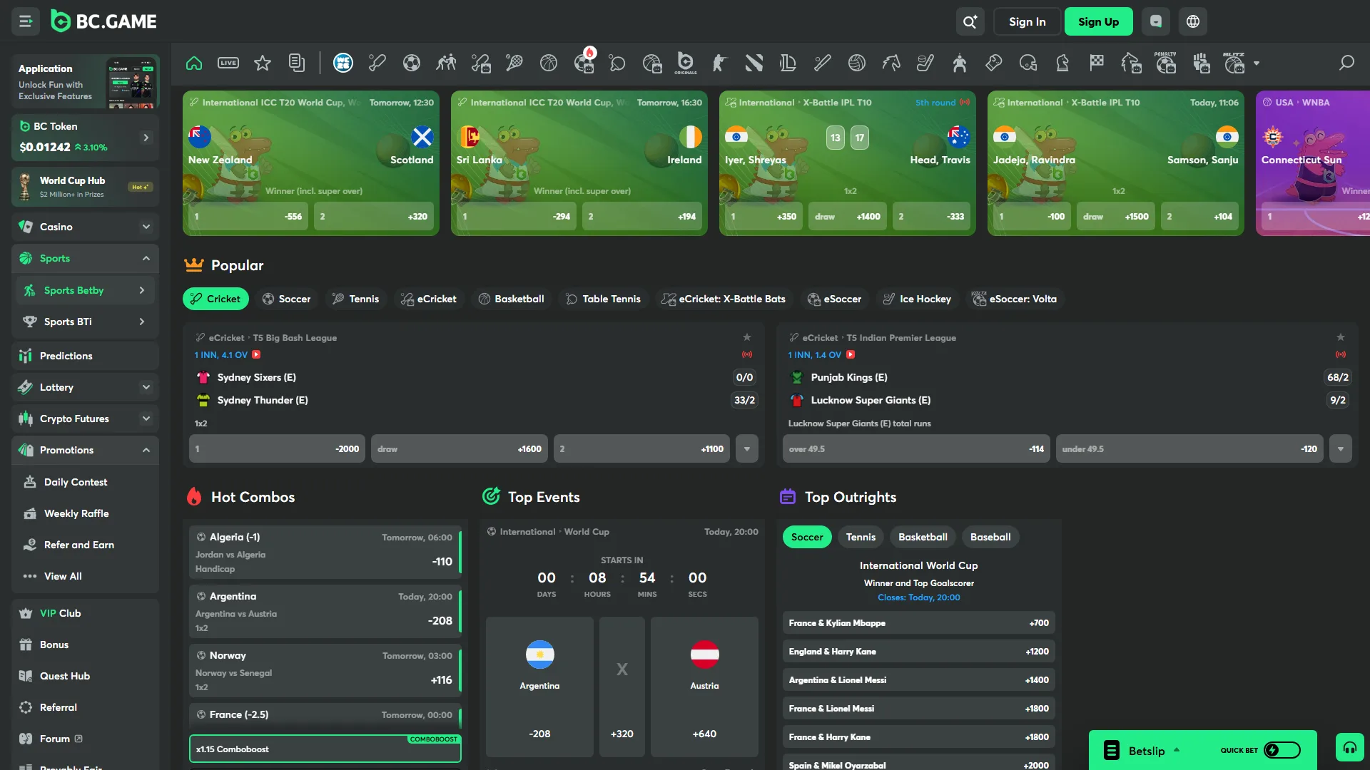 Access sports betting markets through the BC Game sportsbook section.