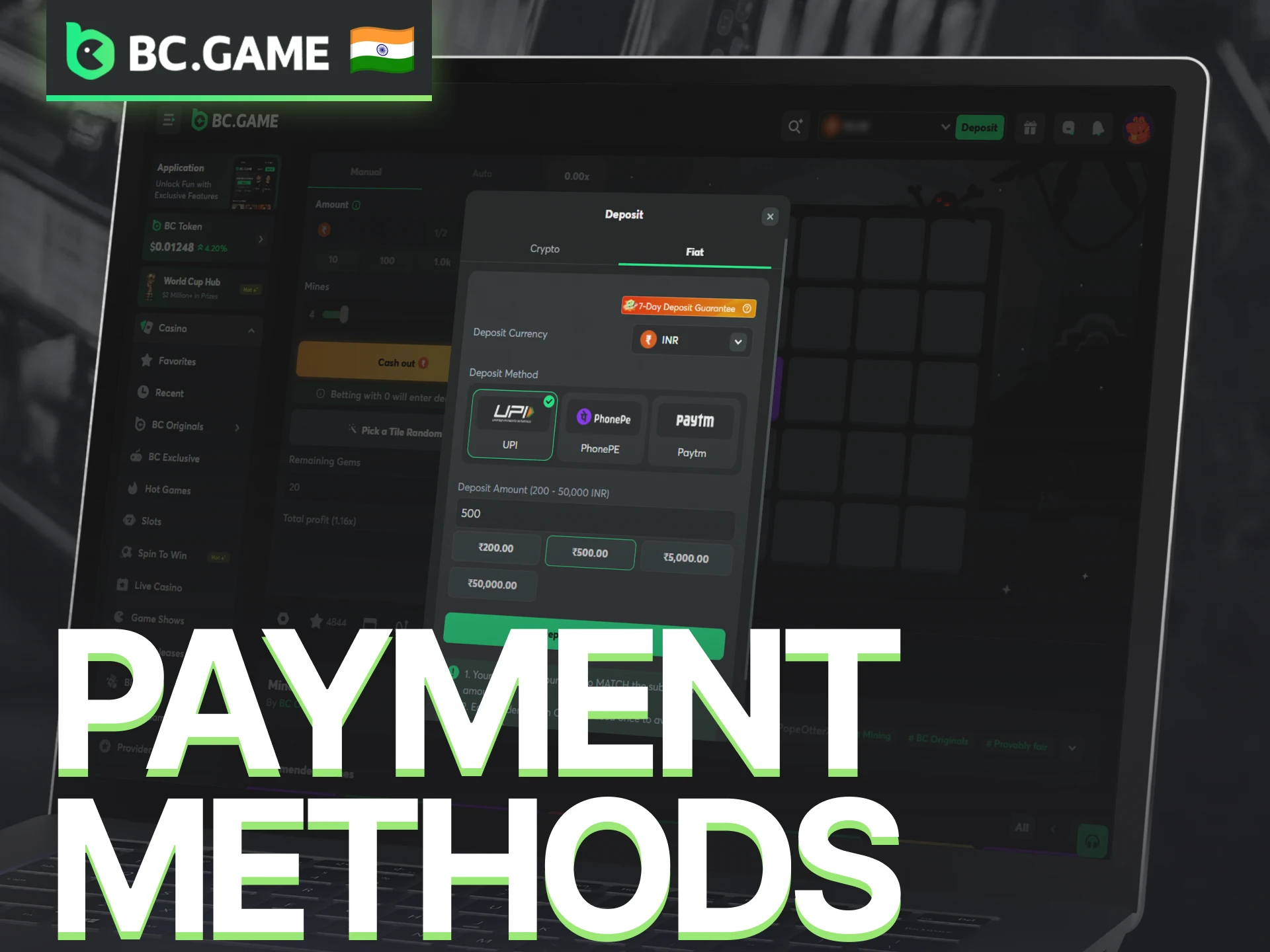 Use supported payment methods on BC Game for Mines deposits and withdrawals.