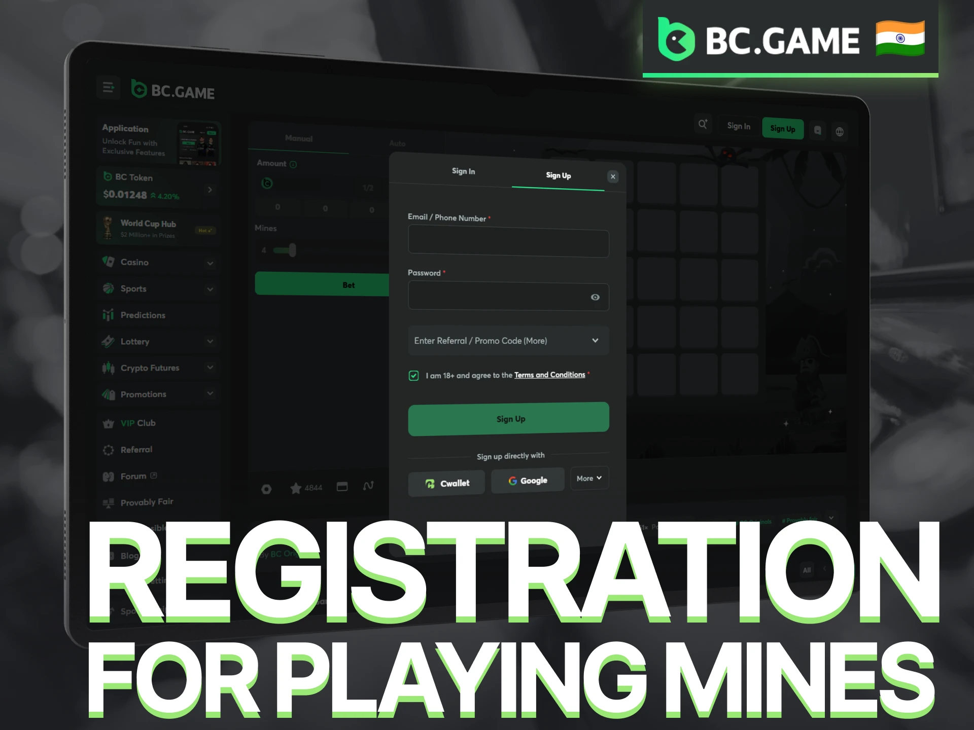 Complete BC Game registration to access the Mines game.