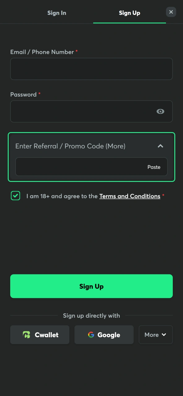Enter your BC Game promo code in the designated bonus field.