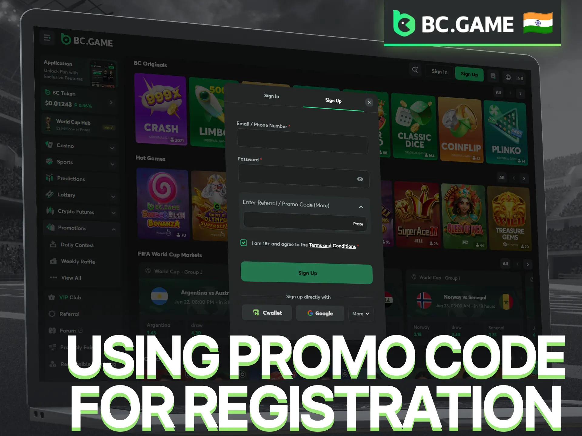 Use a BC Game promo code during registration to access bonus offers.
