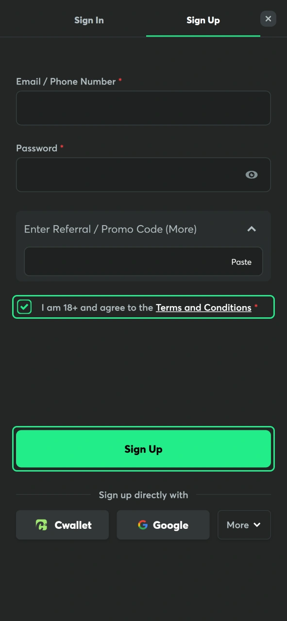 Confirm your details and complete the BC Game registration process.
