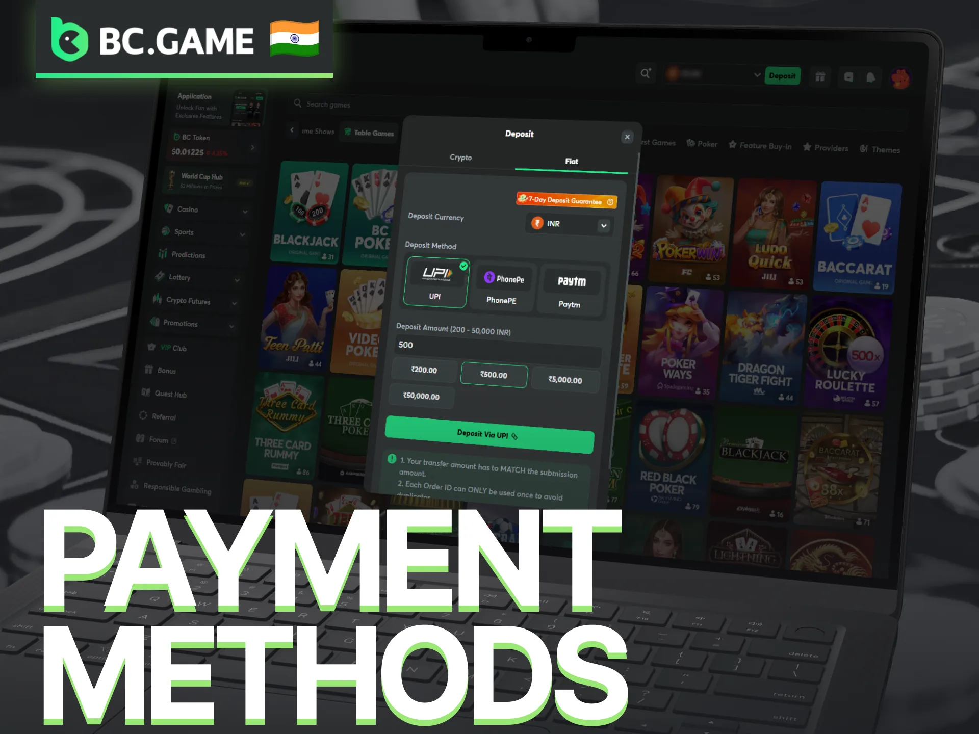 Use supported payment methods on BC Game for deposits and withdrawals.