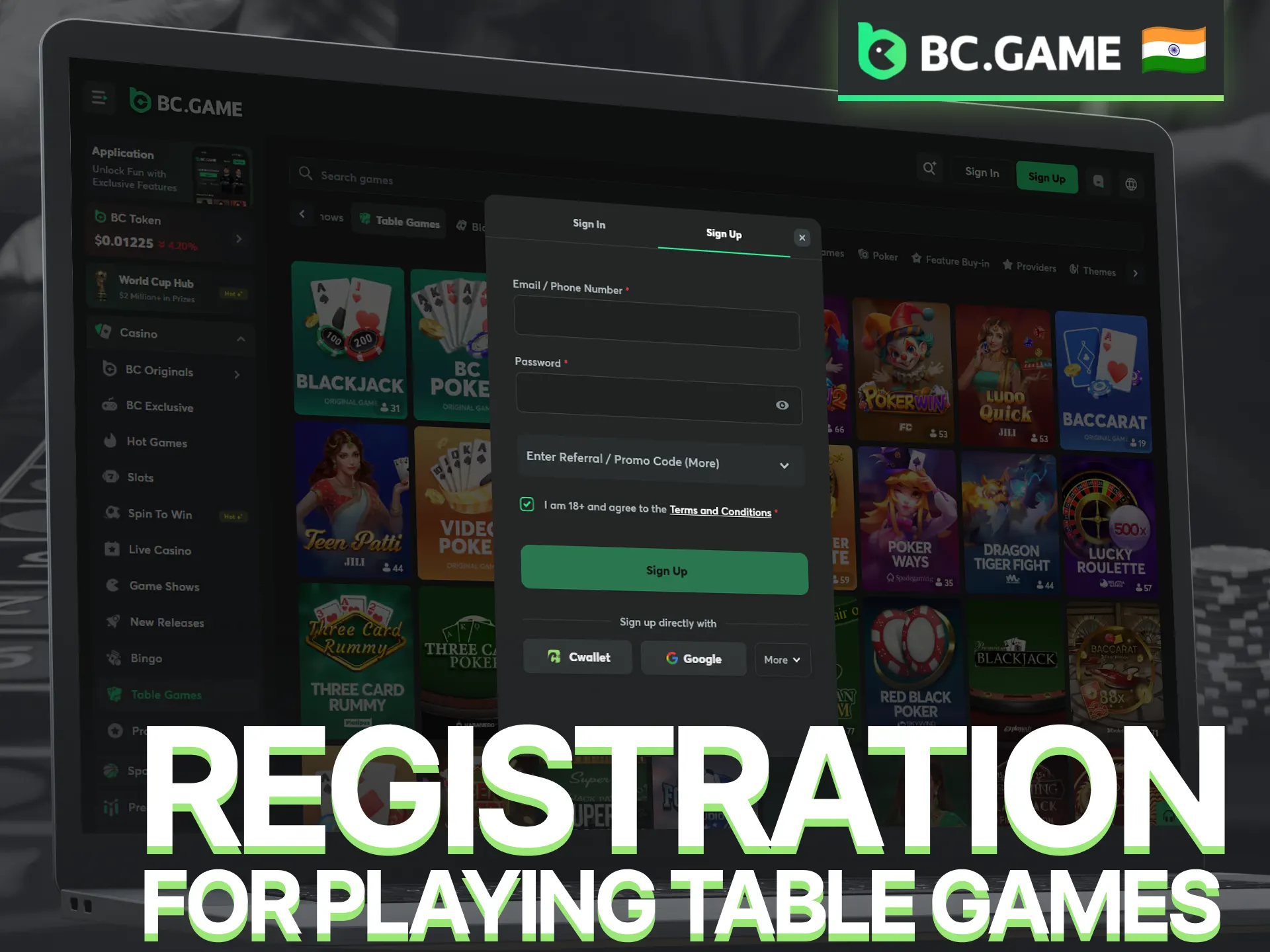 Complete BC Game registration to access a wide selection of table games.