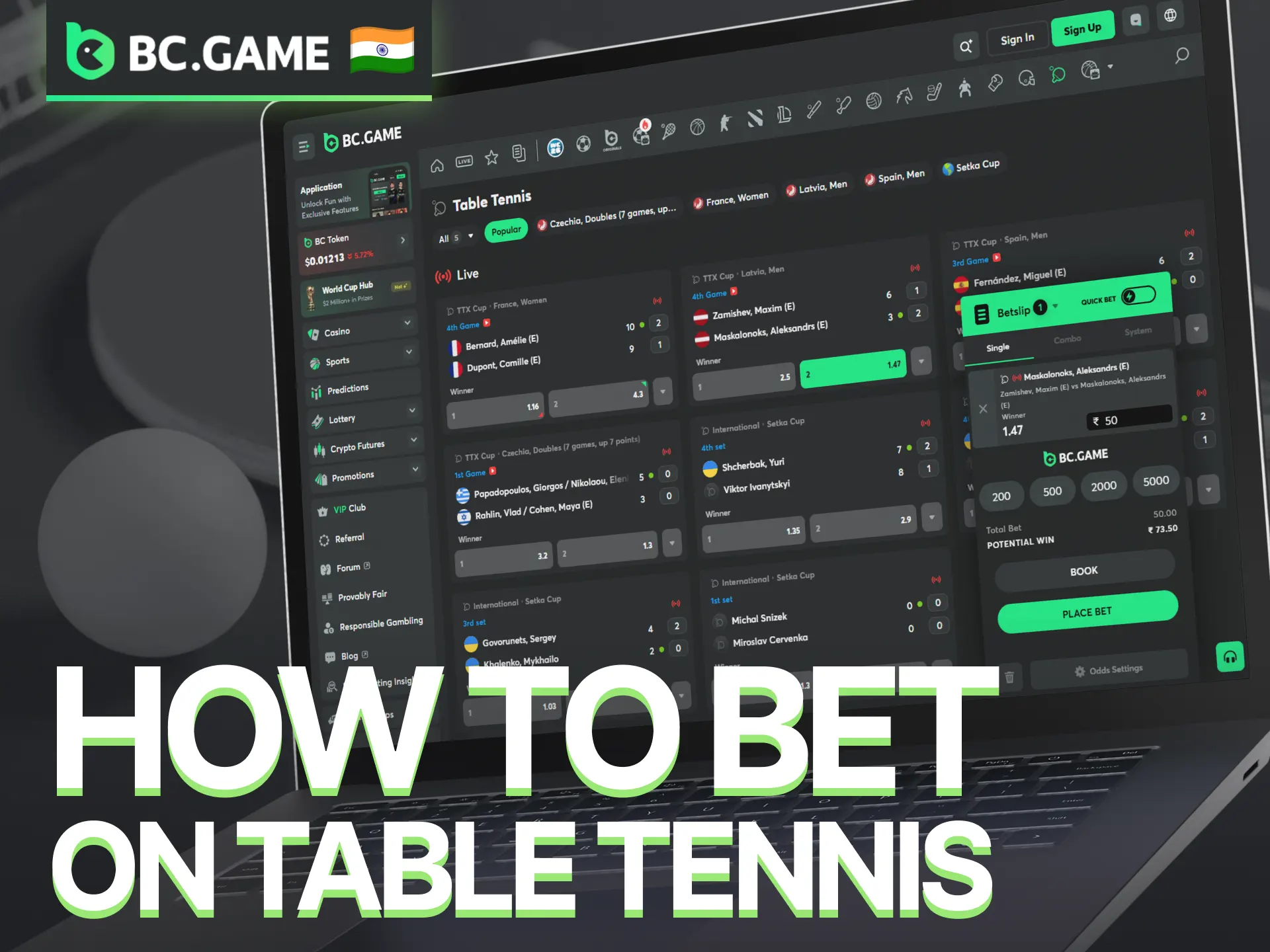 Learn how to place table tennis bets through the BC Game sportsbook.