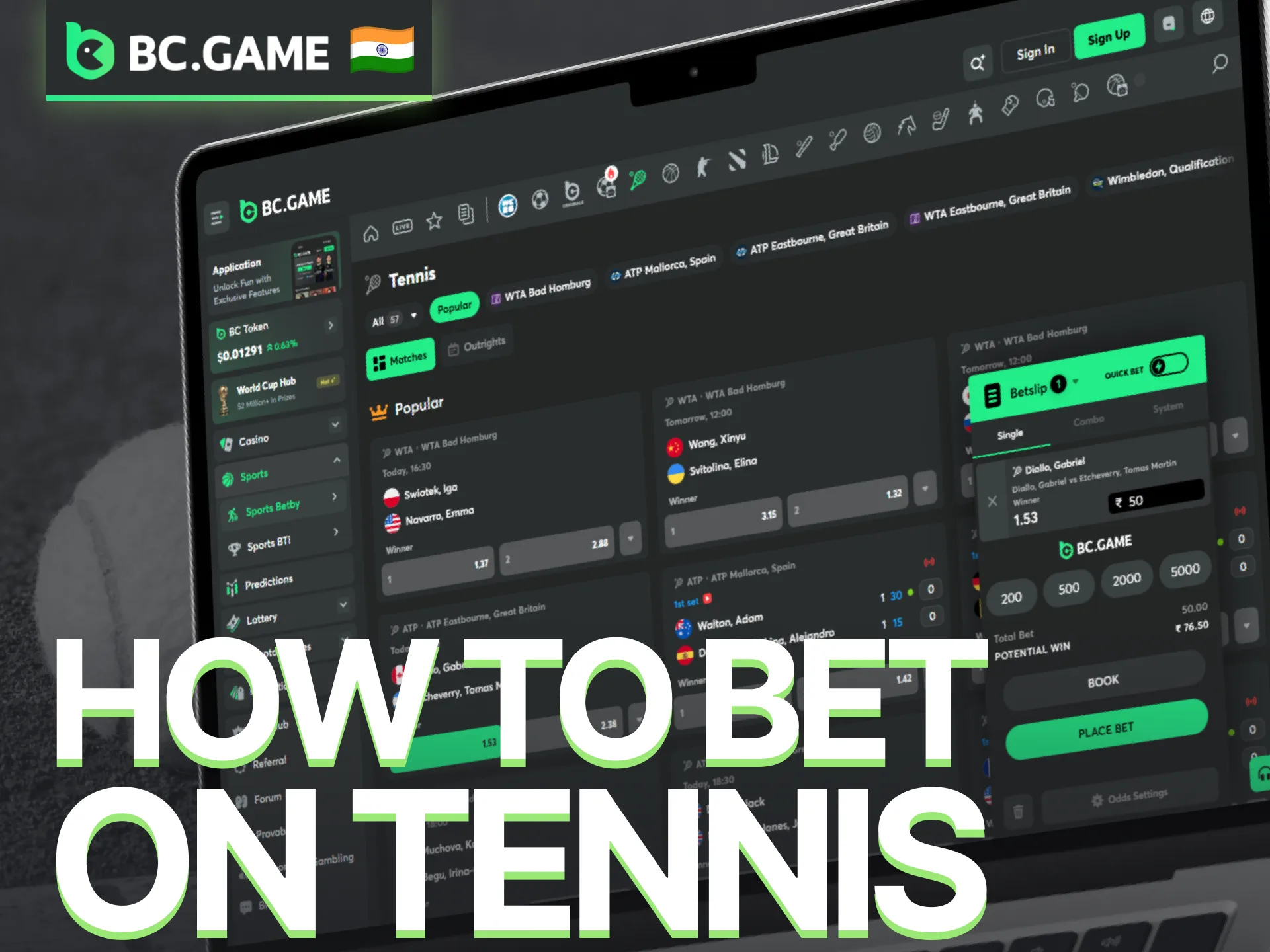 Learn how to place tennis bets through the BC Game sportsbook.