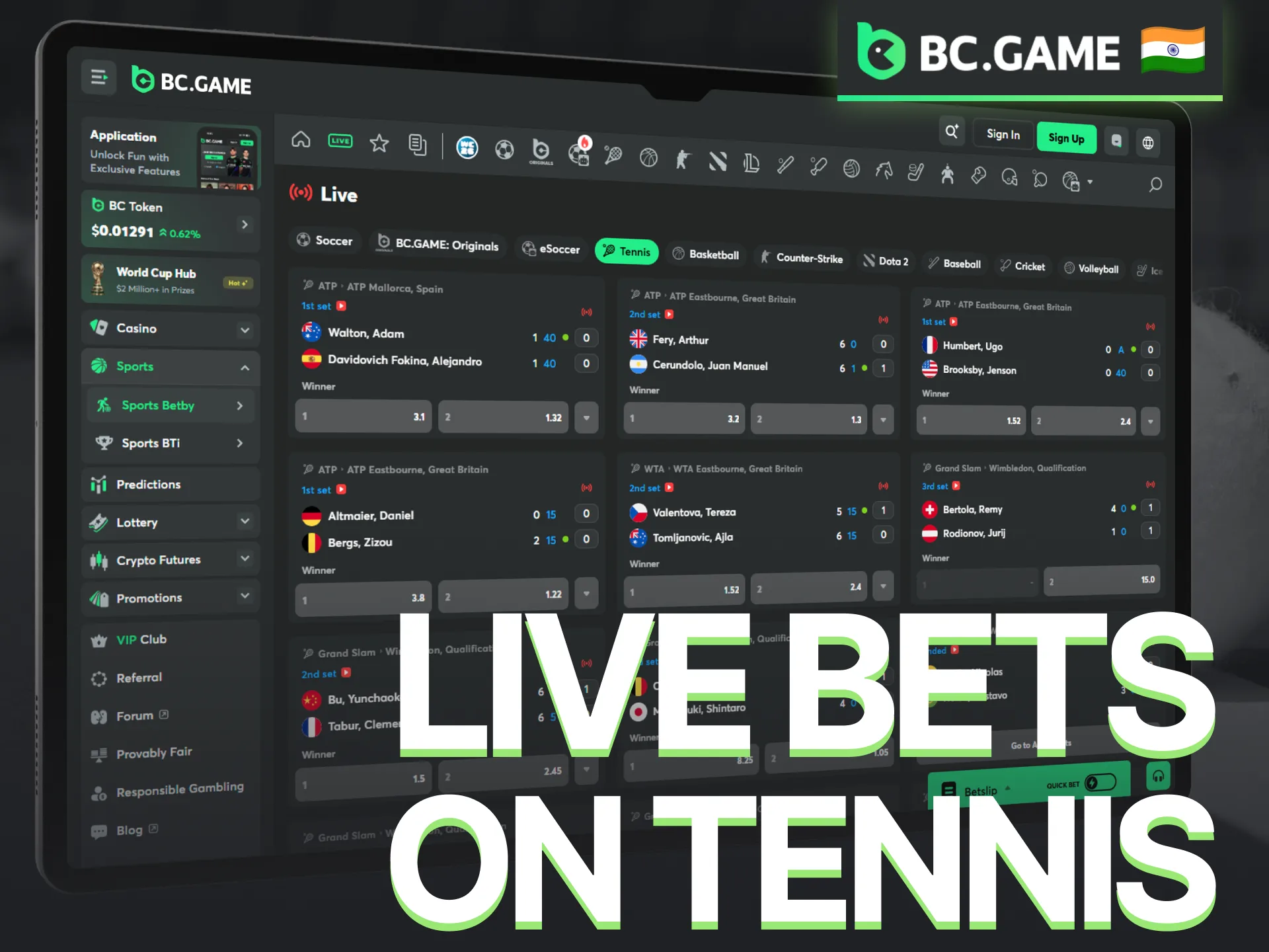 Enjoy live tennis betting with real-time odds on the BC Game platform.