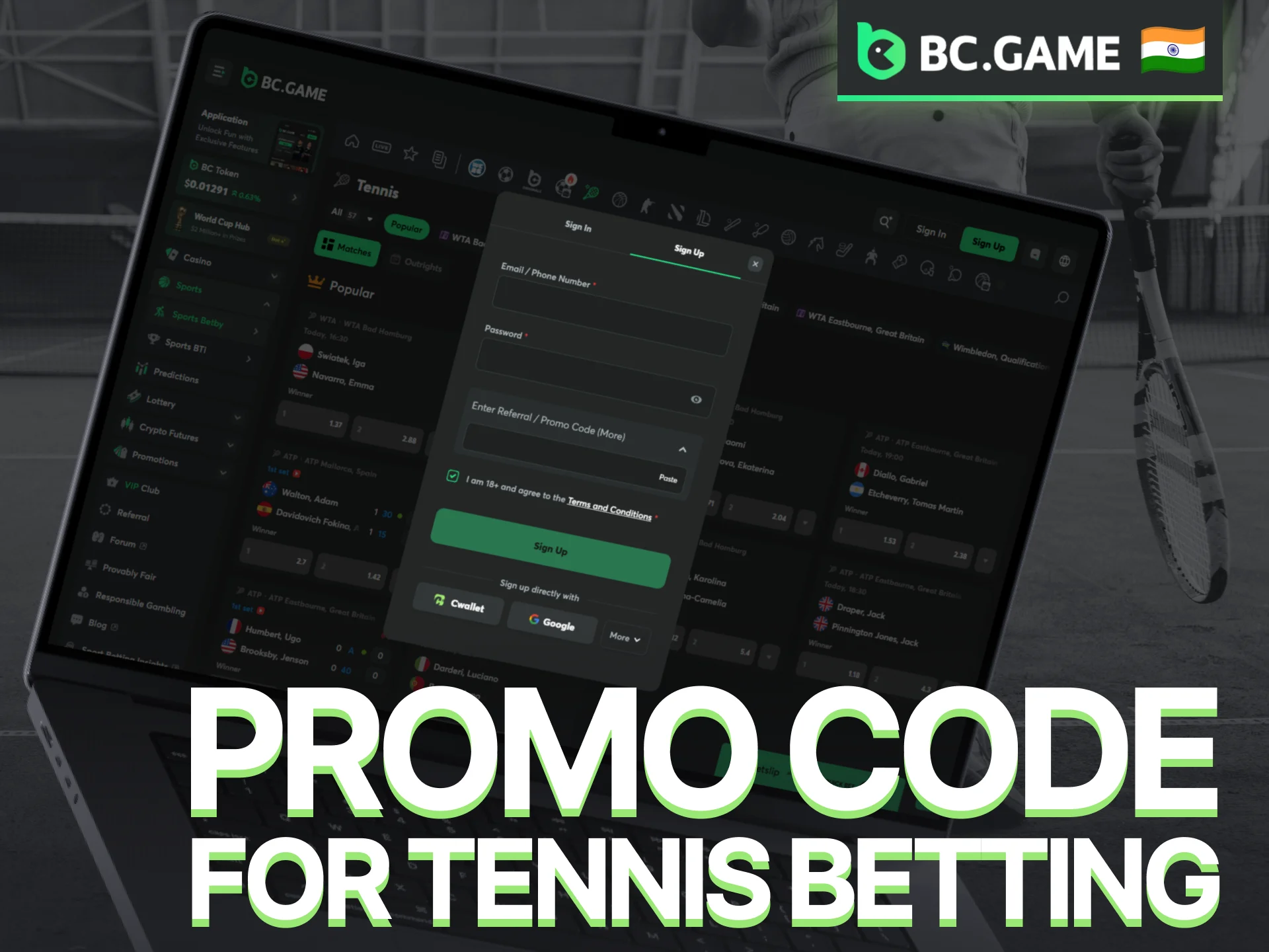 Use a current BC Game promo code to enhance your tennis betting experience.