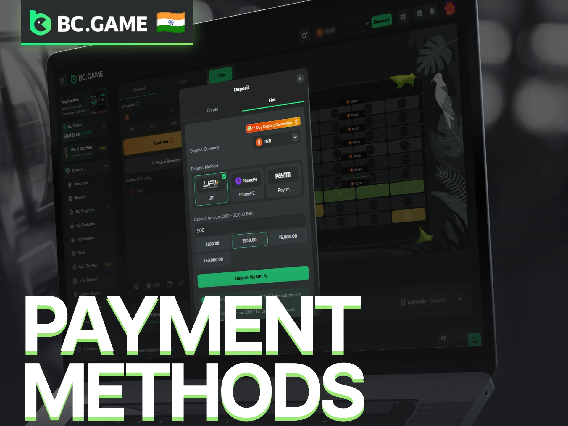 Use supported payment methods on BC Game for Tower Legend deposits and withdrawals.