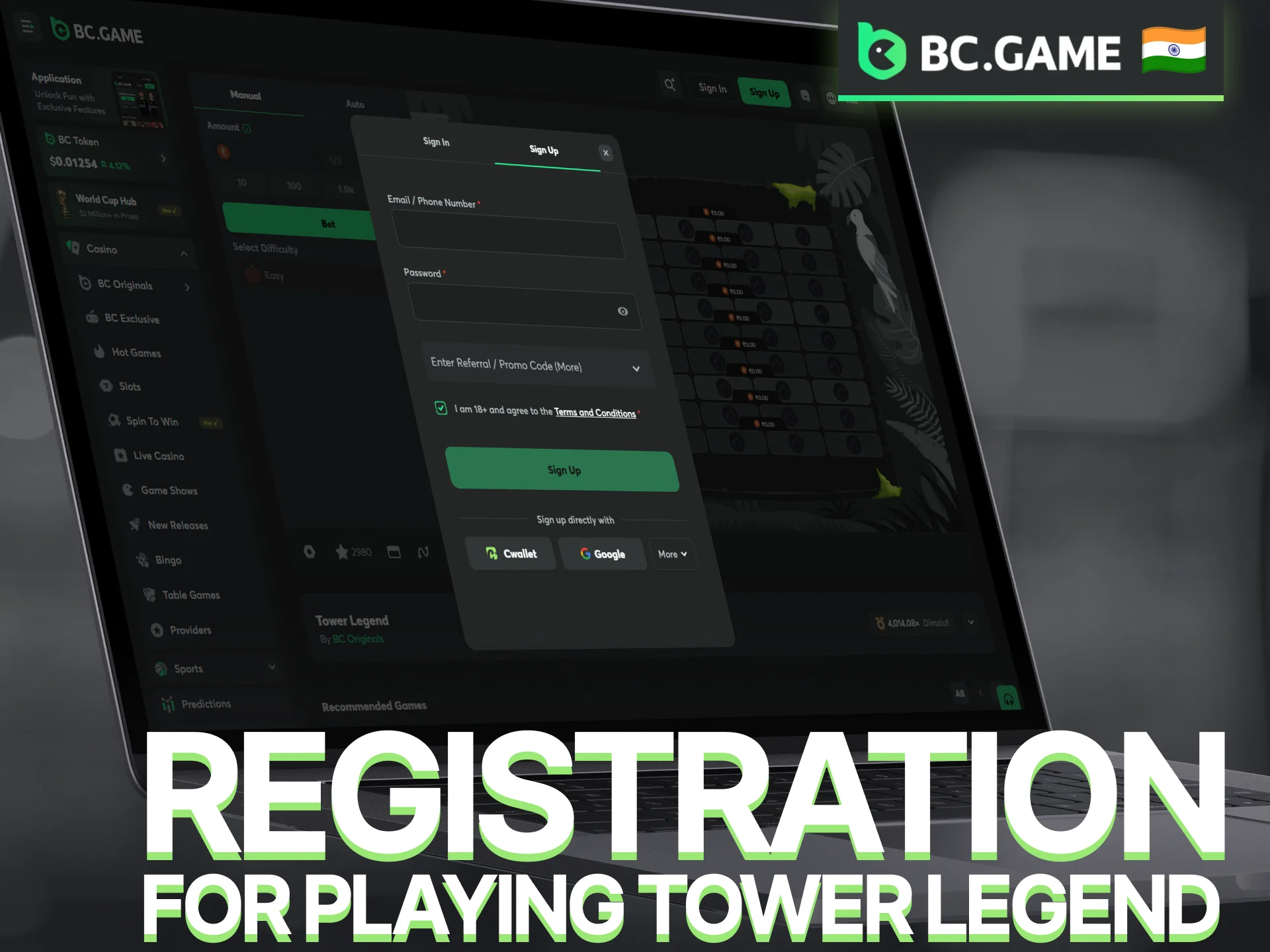 Complete BC Game registration to access the Tower Legend game.