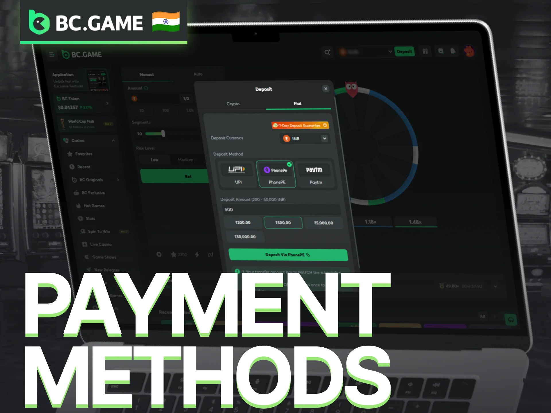 Use supported payment methods on BC Game for Wheel deposits and withdrawals.