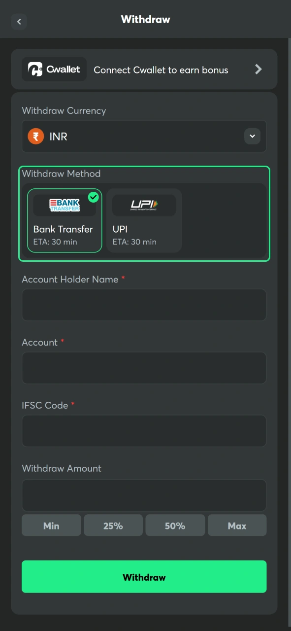 Choose a withdrawal method supported by BC Game for your payout.