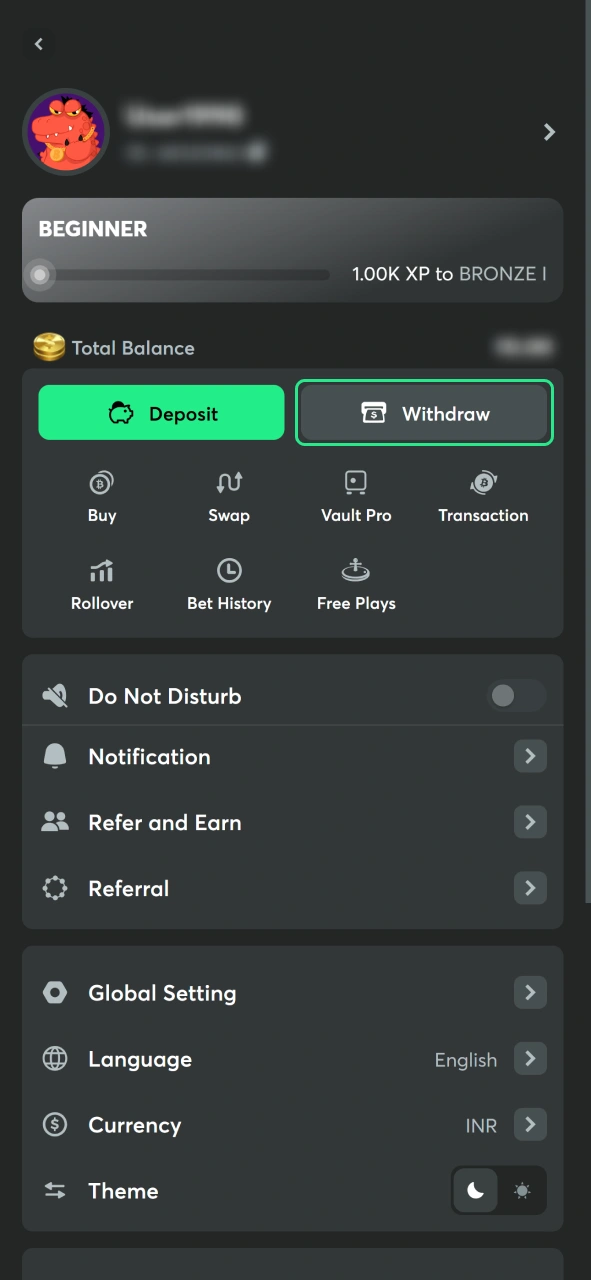 Select the withdrawal section within your BC Game account dashboard.