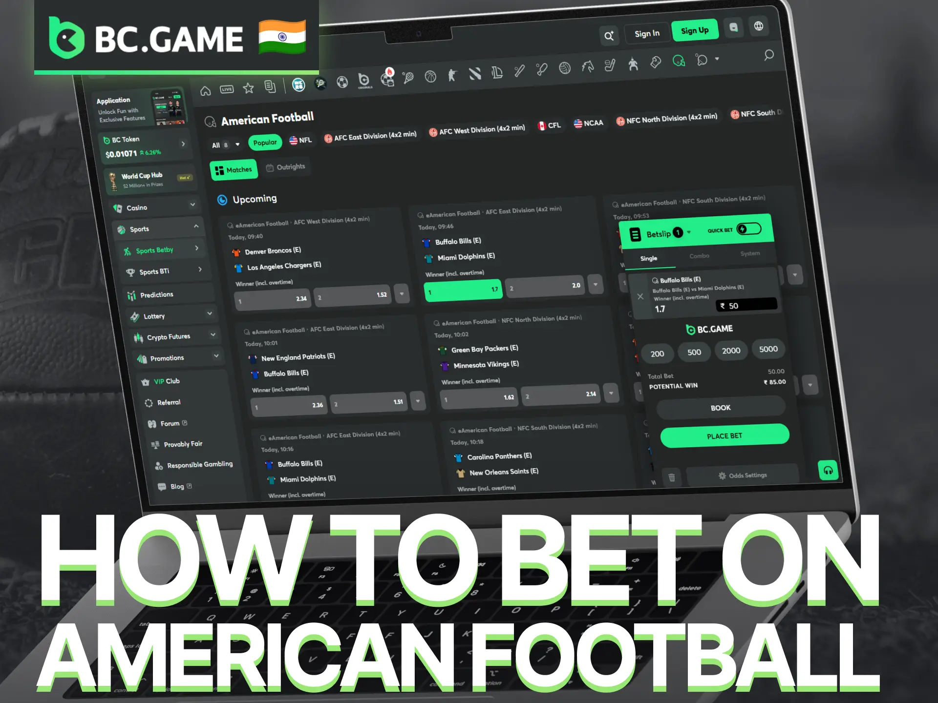 Learn how to place American football bets through the BC Game betting platform.