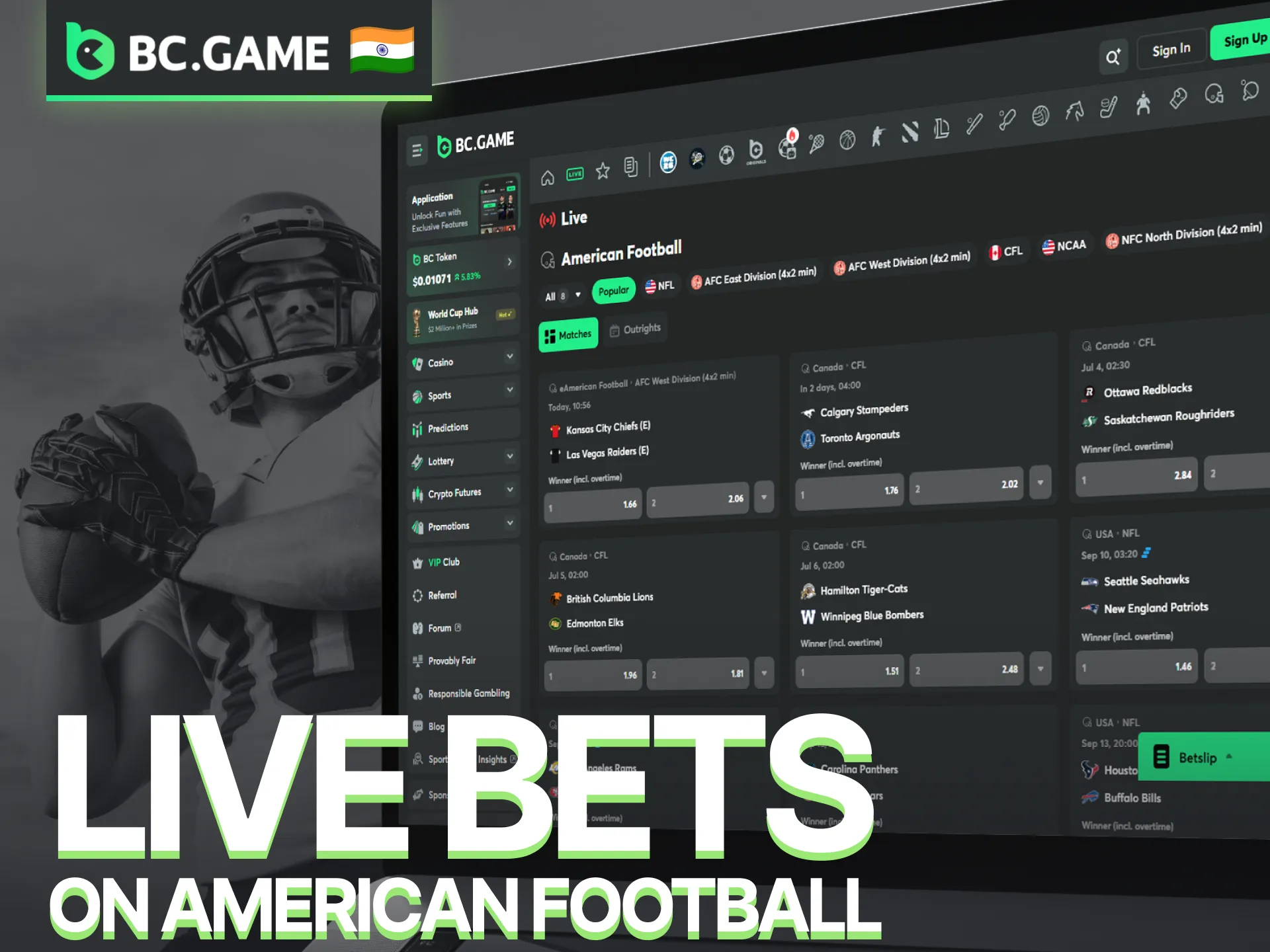 Enjoy live American football betting with real-time odds on the BC Game sportsbook.