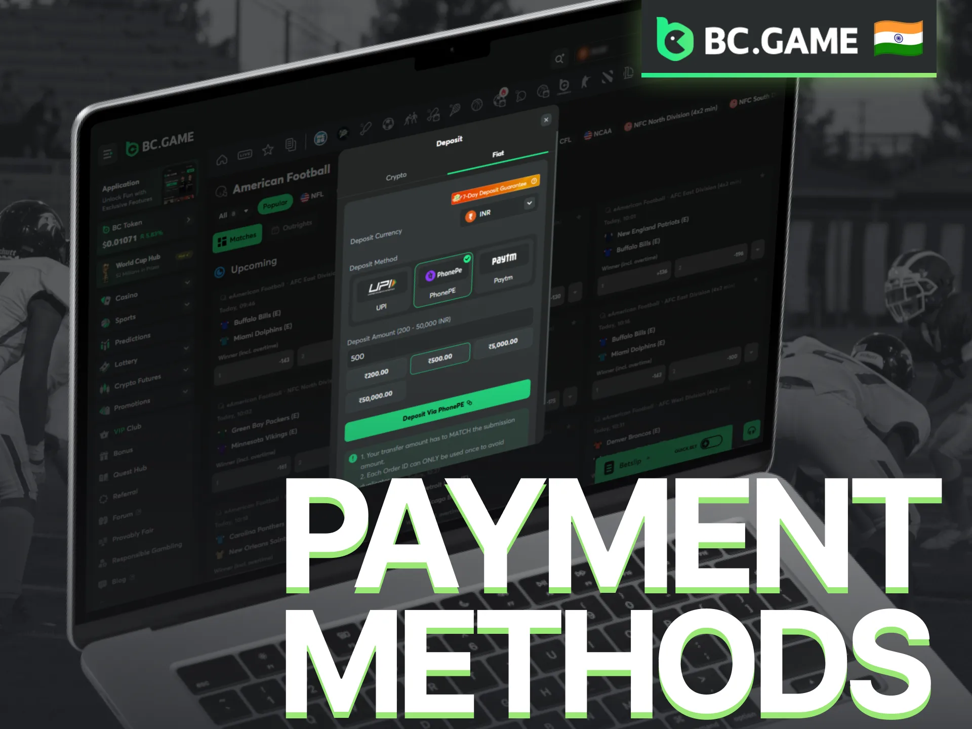Use secure BC Game payment methods for American football betting deposits and withdrawals.