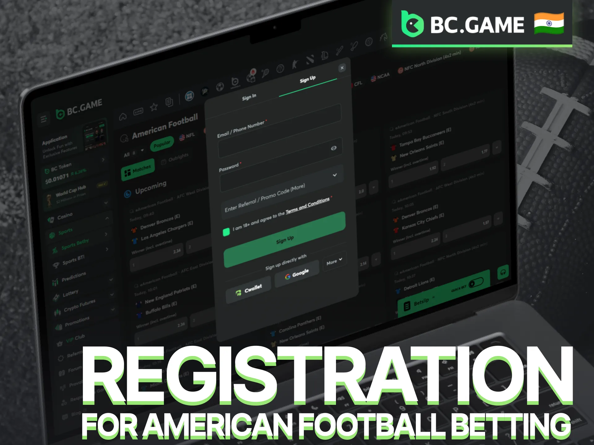 Complete BC Game registration to unlock American football betting markets.