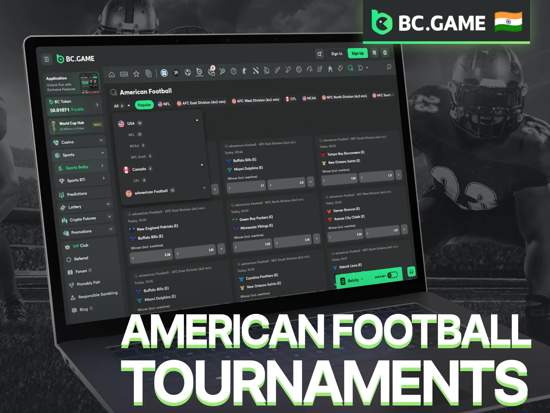 Discover popular American football tournaments available for betting on BC Game.