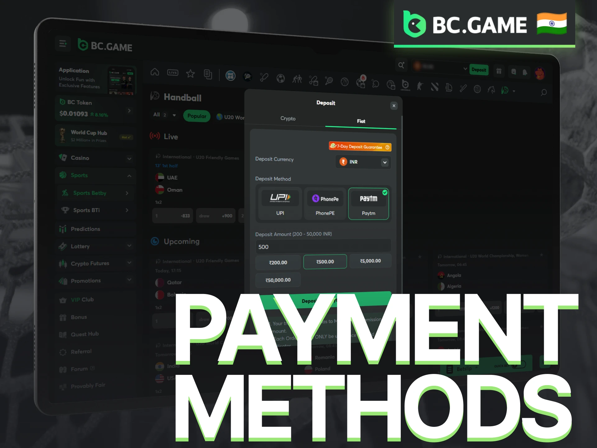 Complete deposits and withdrawals for handball betting using BC Game's supported payment methods.